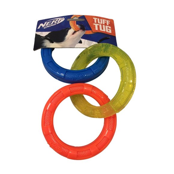NERF DOG Tuff Tug 3 Ring Dog Pull Toy Yellow Orange Blue 4 1/2" Rings - Picture 1 of 3